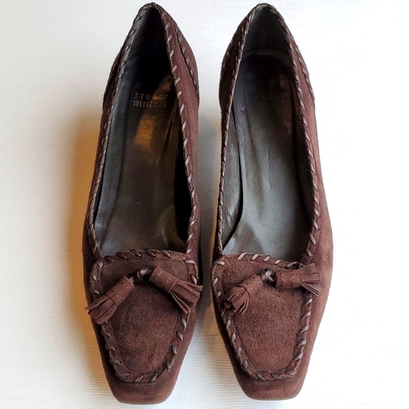 Stuart Weitzman Brown Suede Square Pointed Toe Tassel Kitten Heel Loafers 9 - Picture 1 of 8